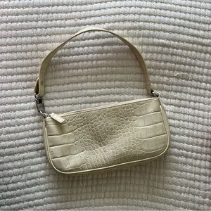 AUTHENTIC BY FAR Rachel Cream Croco Embossed Leather Shoulder Bag